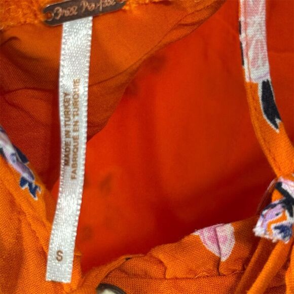 Free People S Orange Floral Mini Dress Ruffle Hem Tie Back Linen Blend Cottage - Picture 8 of 10